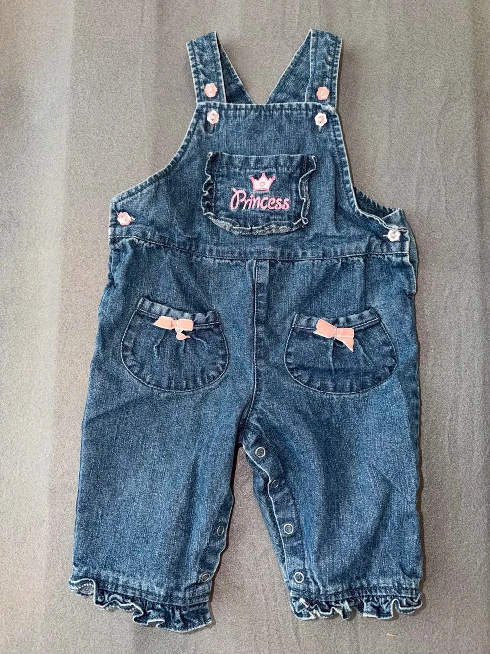 Sunshine Baby Princess Denim Overall Romper 6-9M Pink Bow